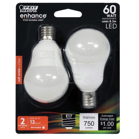 Feit Electric Feit Enhance A15 E17 (Intermediate) LED Bulb Soft White 60 Watt Equivalence 2 pk BPA1560N/927CA2